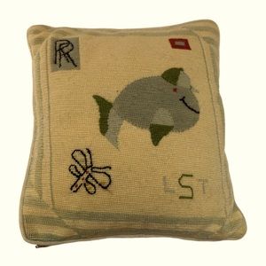 Vintage Antique Needlepoint butter yellow blue velvet WHALE baseball pil…